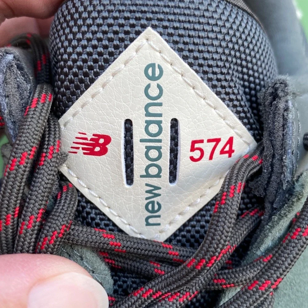 Damaged New Balance 574 Mens 10.5 Green Red Suede Sneakers ML574JHR Gum Sole
